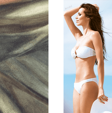 Side by side photos of an art piece and a model in a bikini