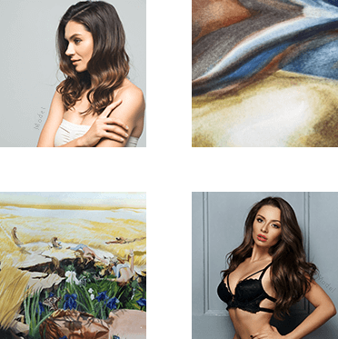 four photos of female models and art pieces
