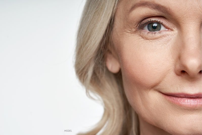 Close-up of middle aged woman's eye and tear trough.